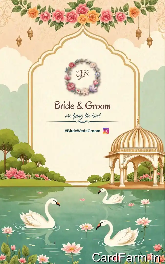 Indian wedding card with flowers, bushes and butterflies. Ganesh Ji wedding invite. Designed by cardfarm