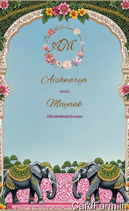 Wedding card design by cardfarm. Wedding invitation page of an Indian wedding card. Beautiful night time with flowers, lamps and starry background. Text describing Wedding Ceremony from 8pm in Orchid Gardena, Pune.