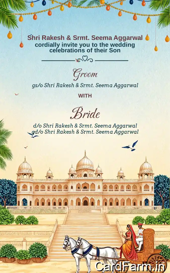 Wedding invitation page of an Indian wedding card. Beautiful night time with flowers, lamps and starry background. Text describing Wedding Ceremony from 8pm in Orchid Gardena, Pune.