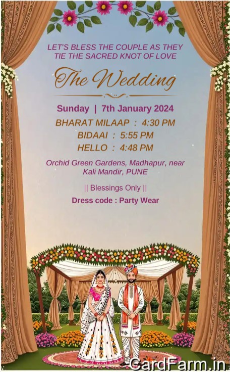 Wedding card design by cardfarm. Sangeet invitation page of an Indian wedding card. Beautiful night time with designer background. Text describing Sangeet Ceremony from 7pm