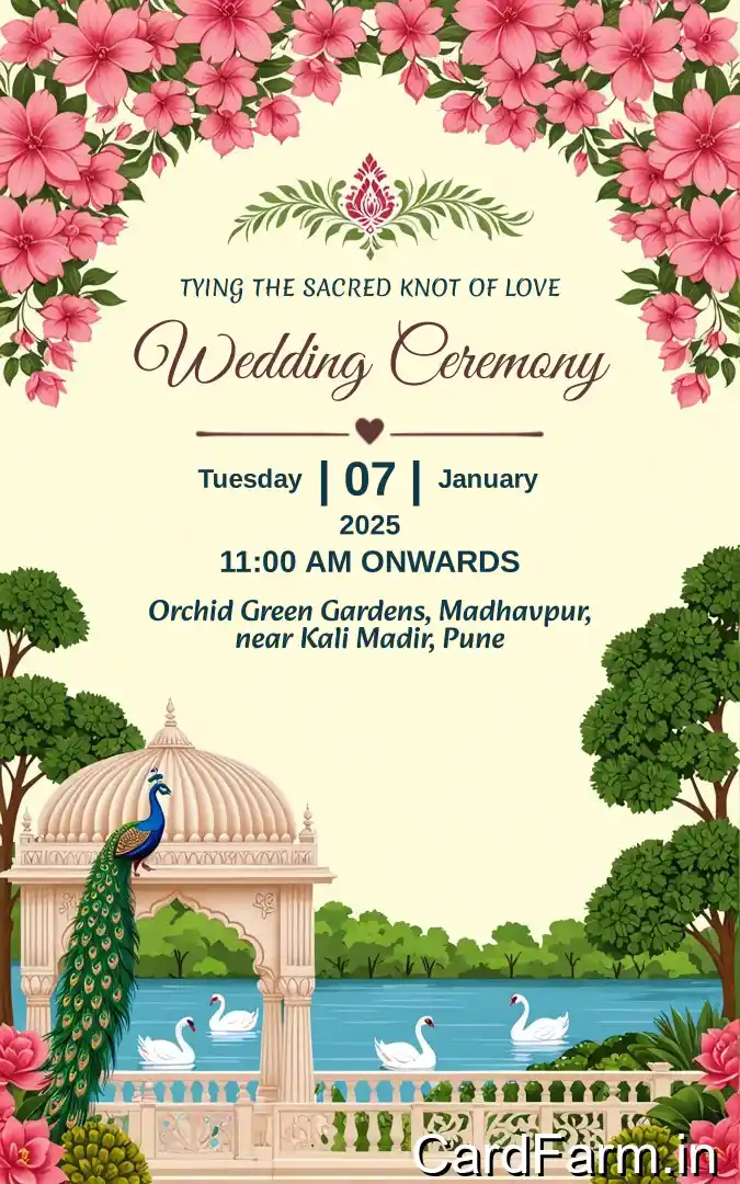 Sangeet invitation page of an Indian wedding card. Beautiful night time with designer background. Text describing Sangeet Ceremony from 7pm