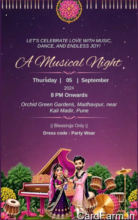 Wedding card design by cardfarm. Indian wedding card with flowers, fountains and peacocks on a beautiful background. With Bride and Groom invitation and their wedding hashtag #BrideWedsGroom. Designed by cardfarm