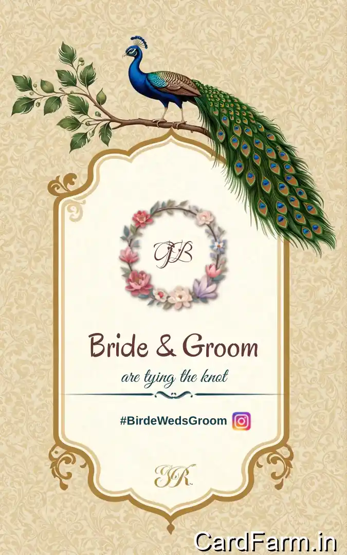 Indian wedding card with flowers, fountains and peacocks on a beautiful background. With Bride and Groom invitation and their wedding hashtag #BrideWedsGroom. Designed by cardfarm