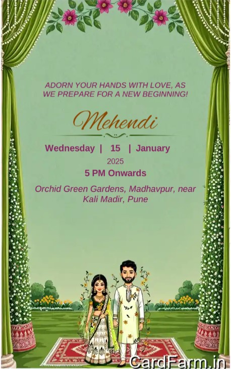Wedding card design by cardfarm. Mehendi ceremony invitation of an Indian wedding card. Beautiful evening time with green flowers. Text describing Mehendi Ceremony in Orchid Gardena, Pune