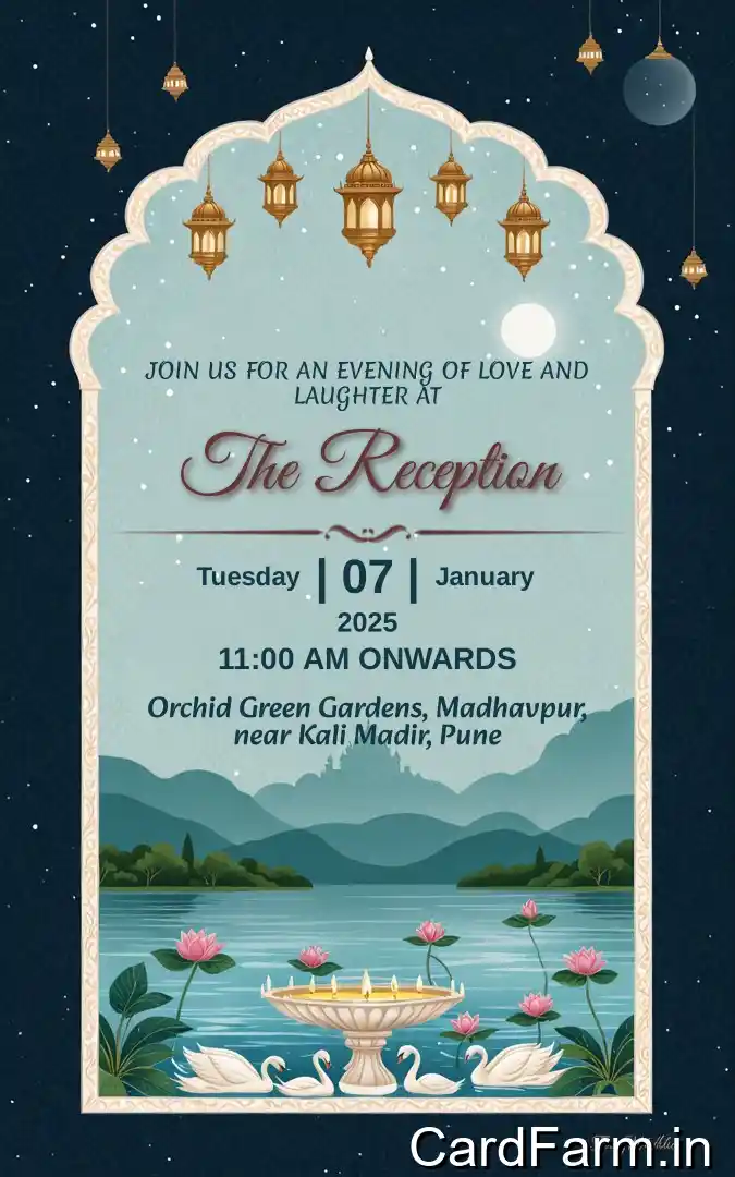 Mehendi ceremony invitation of an Indian wedding card. Beautiful evening time with green flowers. Text describing Mehendi Ceremony in Orchid Gardena, Pune