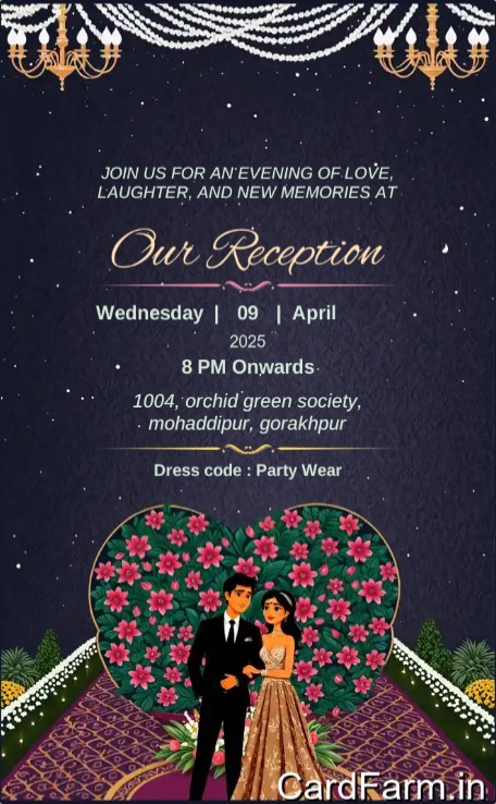 Wedding card design by cardfarm. Reception invitation page of an Indian wedding card. Aggarwal Family requesting the presence on the special occasion.