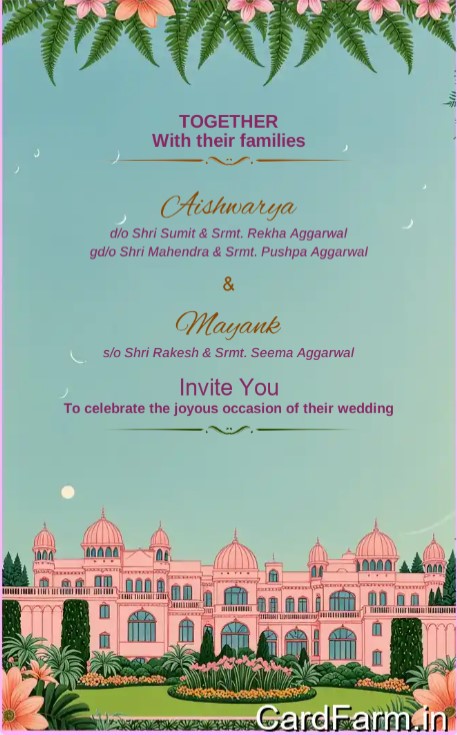 Wedding card design by cardfarm. Family Invitation page of an Indian wedding card. Aggarwal Family requesting the presence on the wedding occasion.